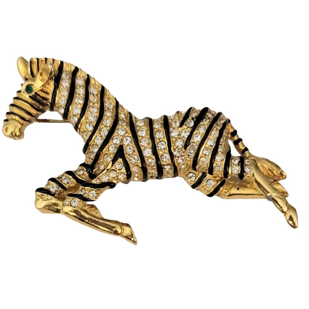 Gold Tone Clear Rhinestone Black Enamel Zebra Brooch, Numbered